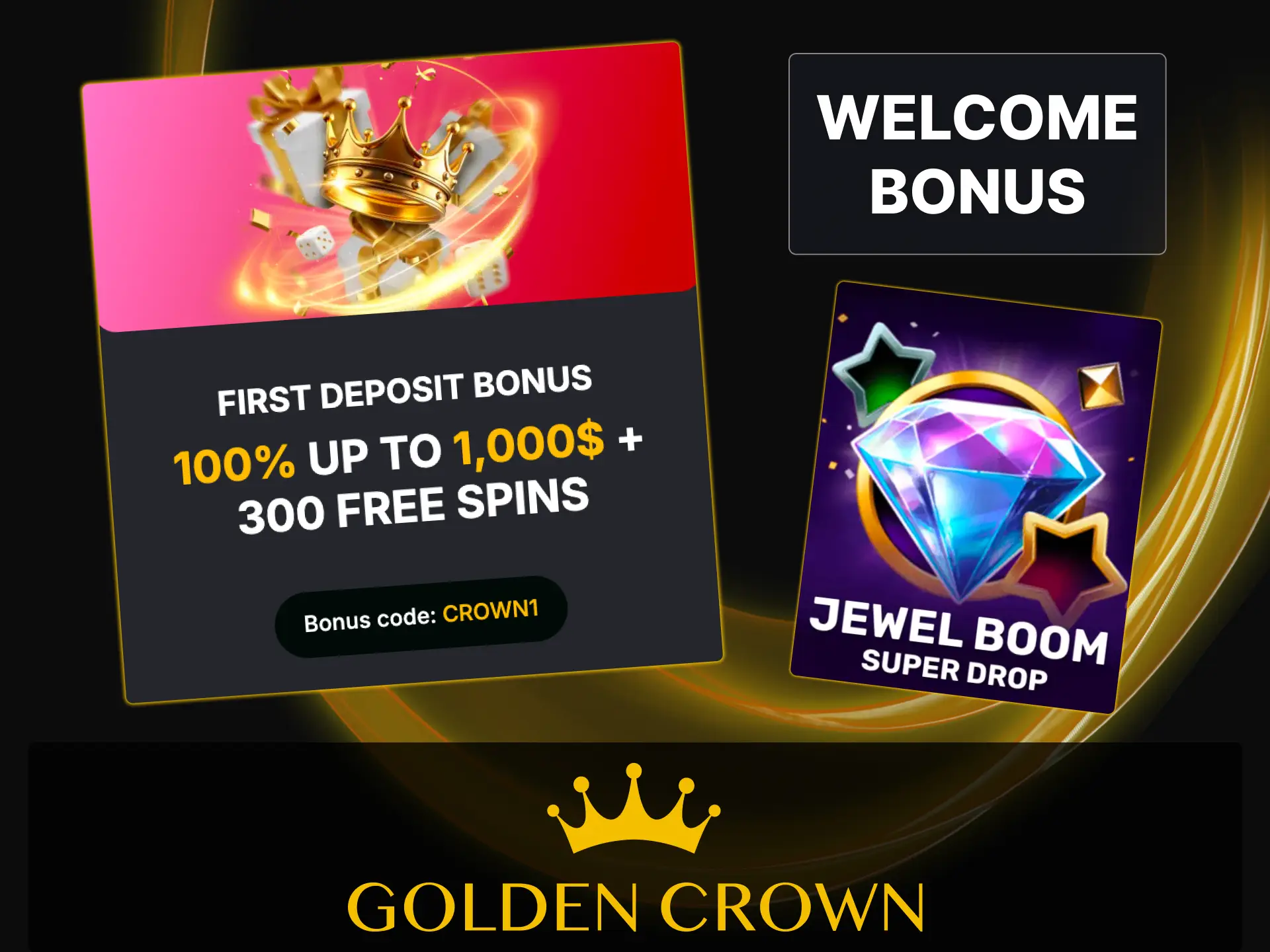 Play Jewel Boom Super Drop slot by Atlantic Digital using Golden Crown welcome bonus funds.