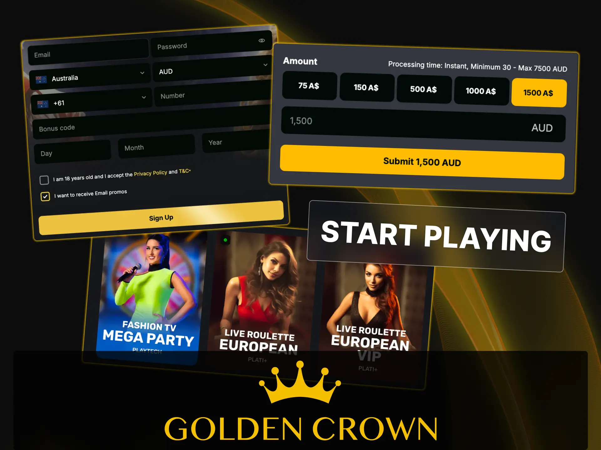 Follow step-by-step instructions to start playing live casino games at Golden Crown.