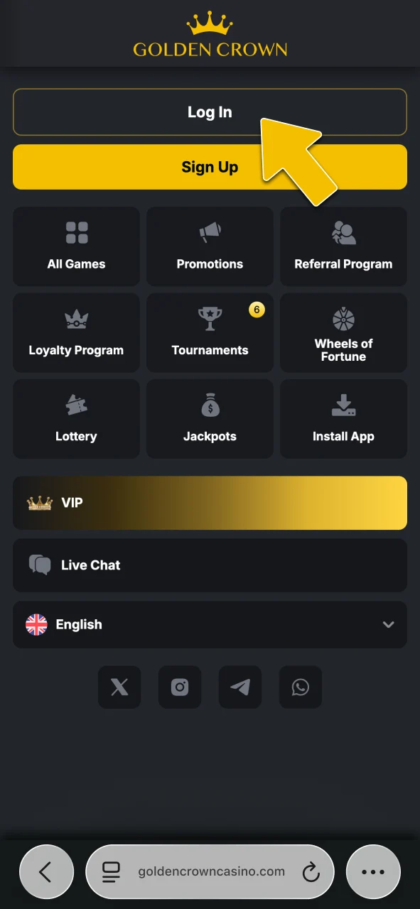 Tap the Log In button on the main screen to open the Golden Crown Casino sign-in form.