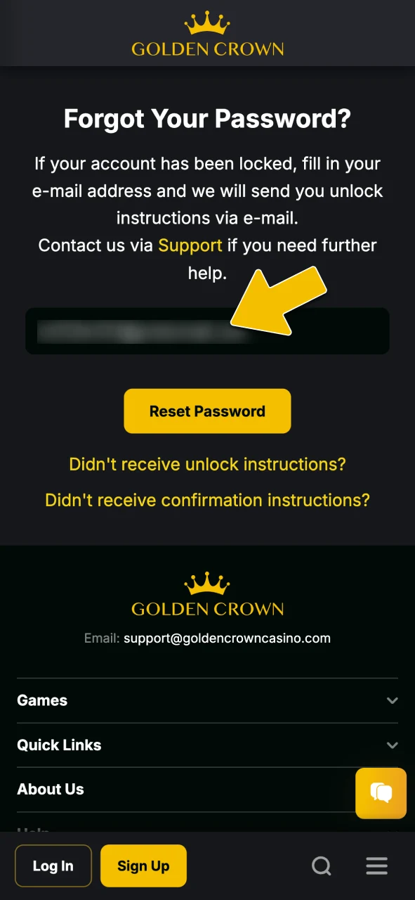 Enter your registered email address to submit a password reset request at Golden Crown.
