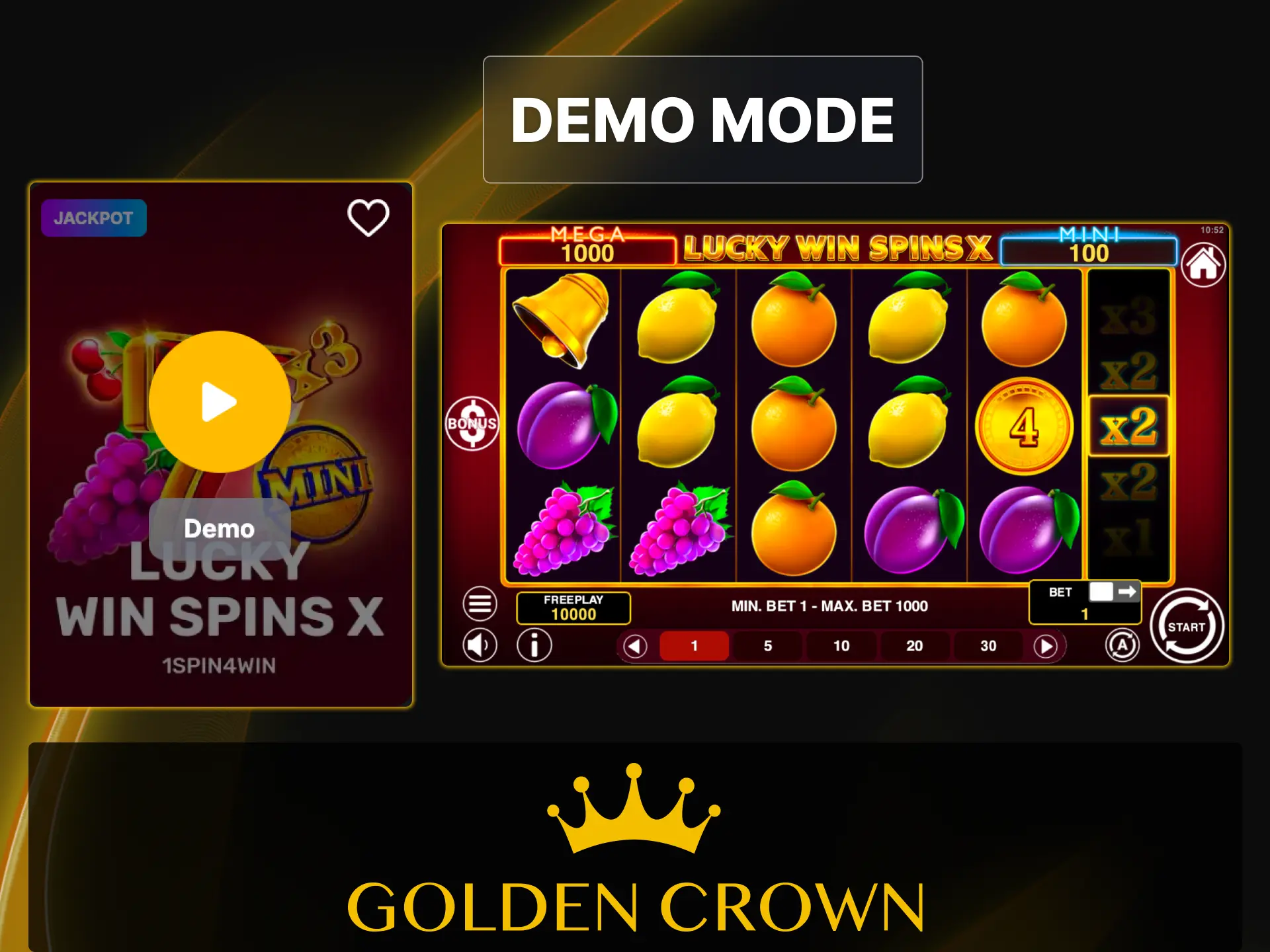 Play Lucky Win Spins X slot in free demo mode with virtual credits at Golden Crown Casino.