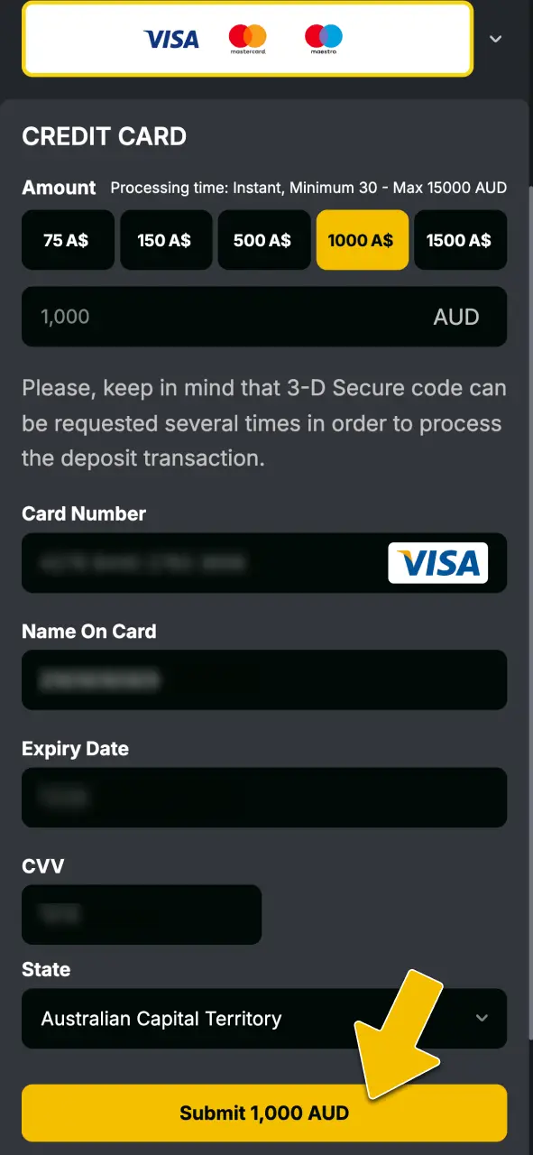 Navigate to the cashier section to select an Australian payment method at Golden Crown Casino.
