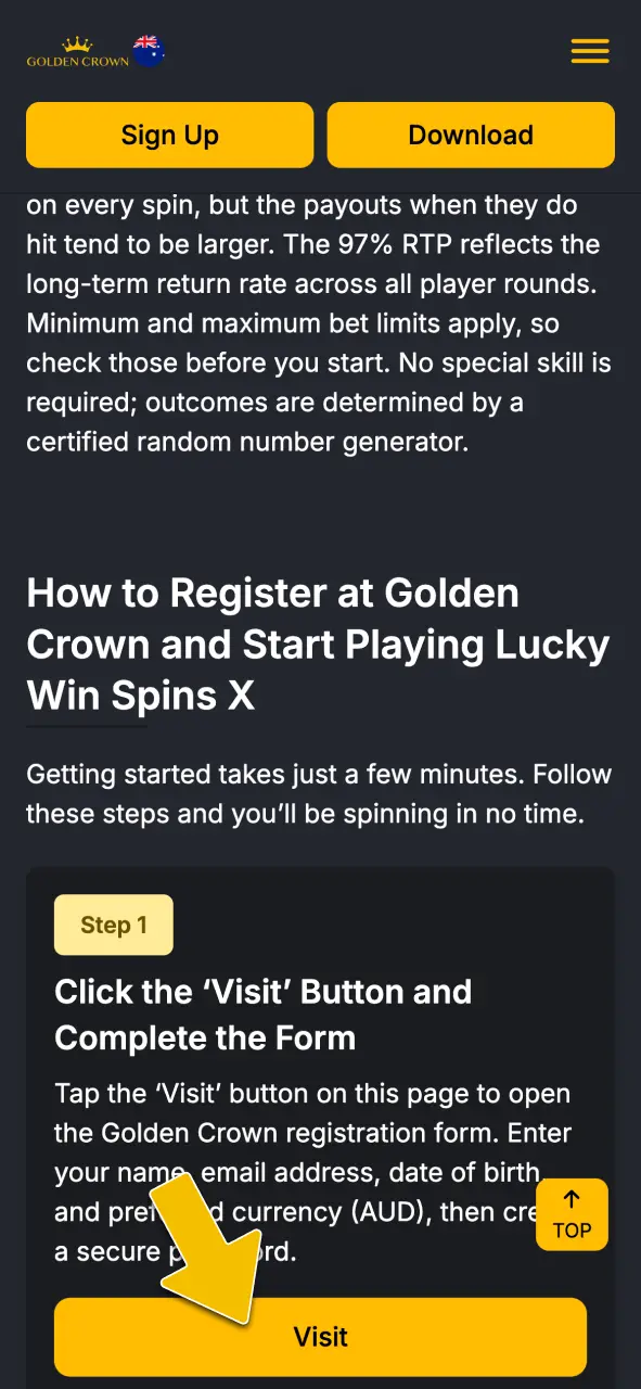 Submit registration details to create a new account for AUD gameplay at Golden Crown Casino.