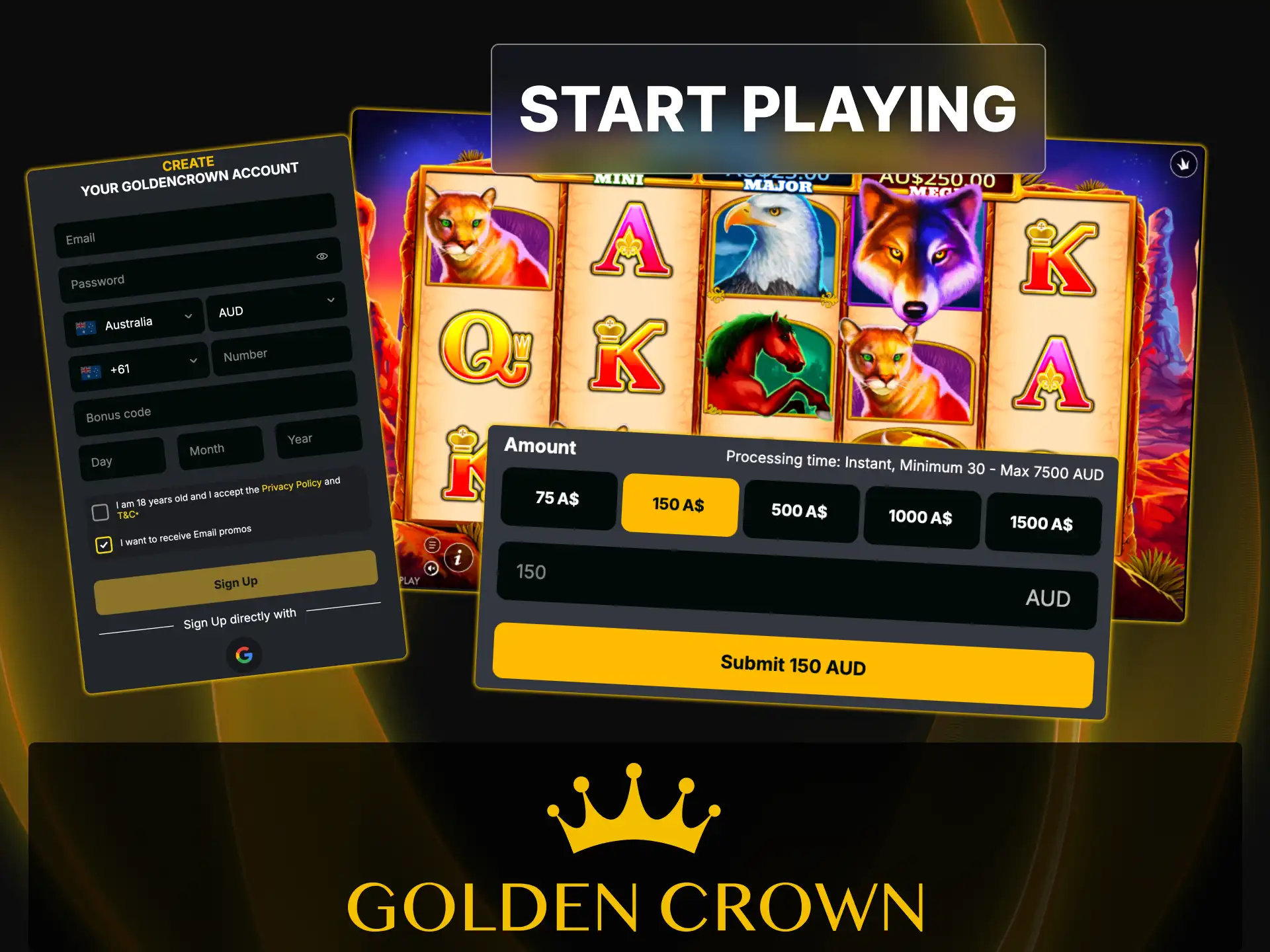 Register or log in at Golden Crown Casino to start playing real money games today.