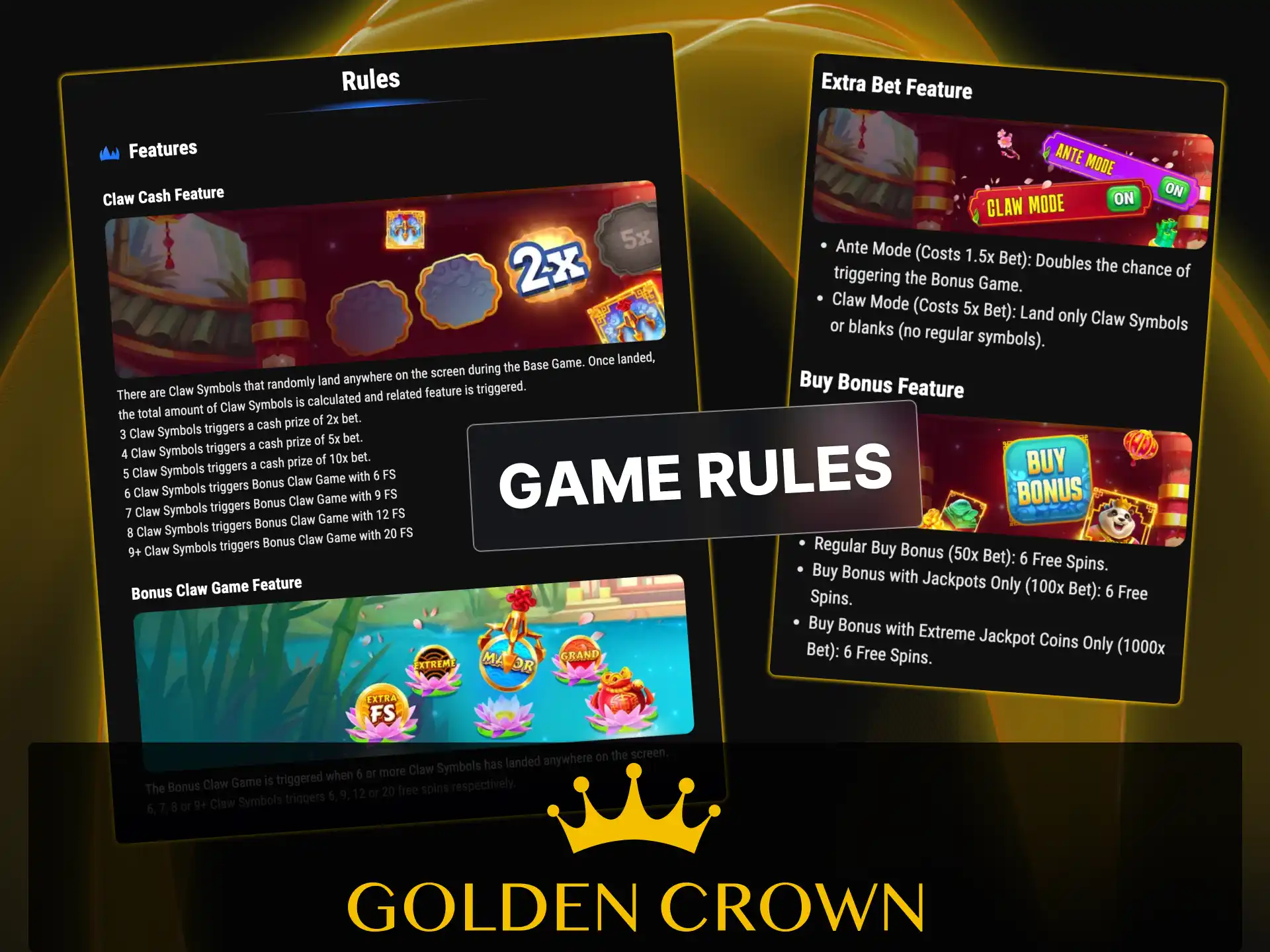 Learn Panda Claw Jackpot payline rules and claw machine mechanics at Golden Crown Casino.