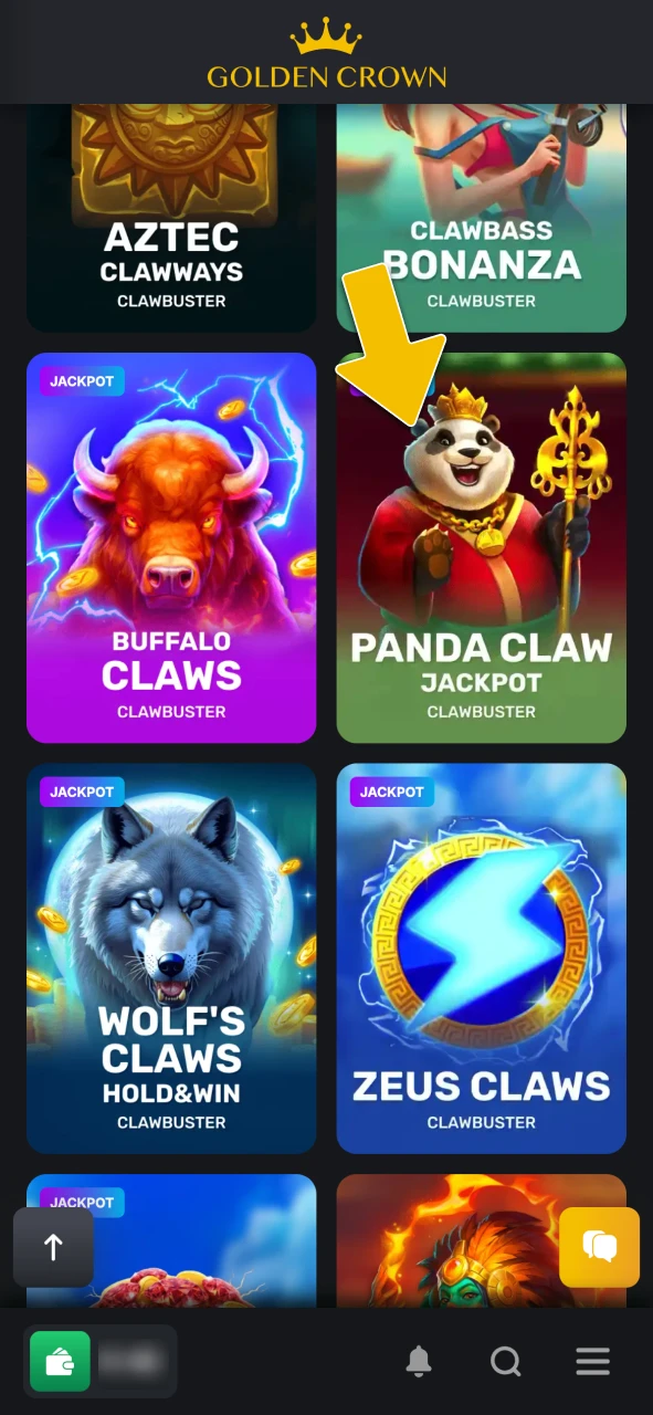 Navigate to the casino section to find Panda Claw Jackpot slot at Golden Crown Casino.