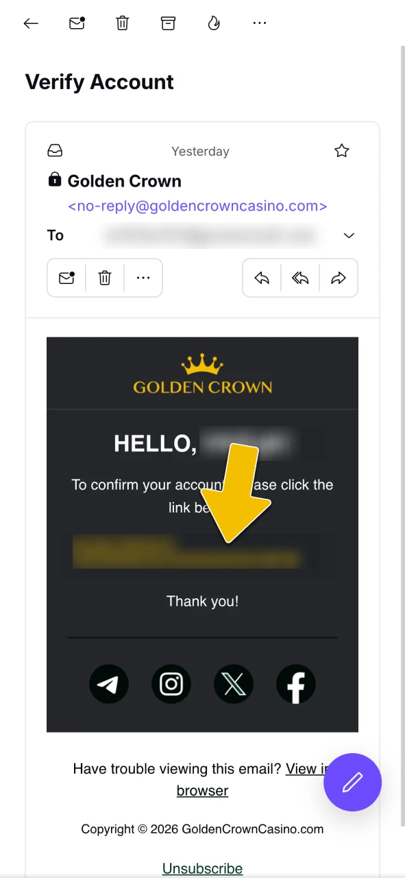 Click the email verification link to confirm your account at Golden Crown Casino.