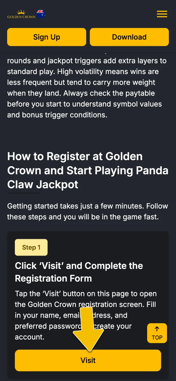 Complete the registration screen with your name, email address, and secure password at Golden Crown Casino Australia.