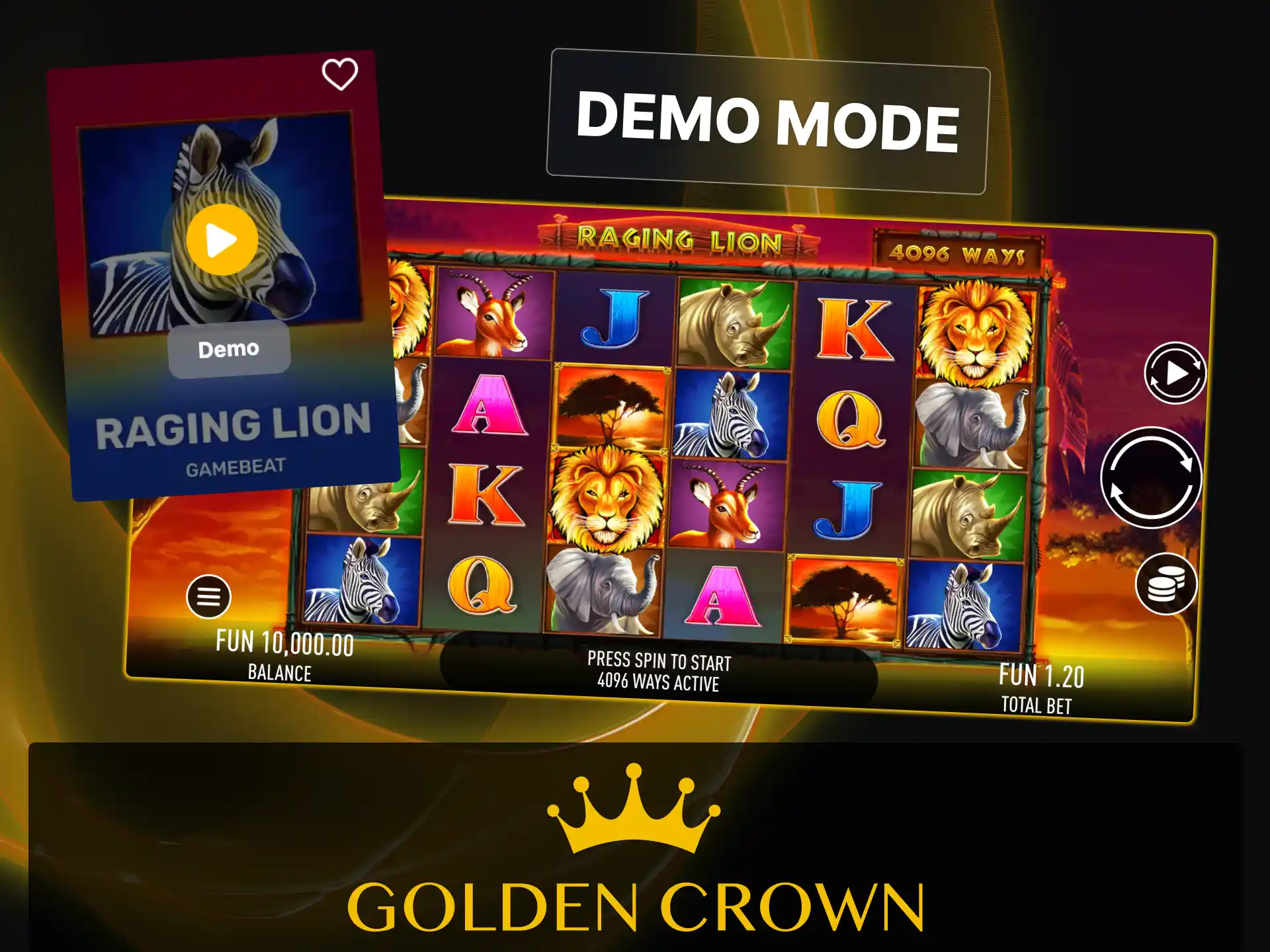 Play Raging Lion slot in free demo mode using virtual credits at Golden Crown Casino.