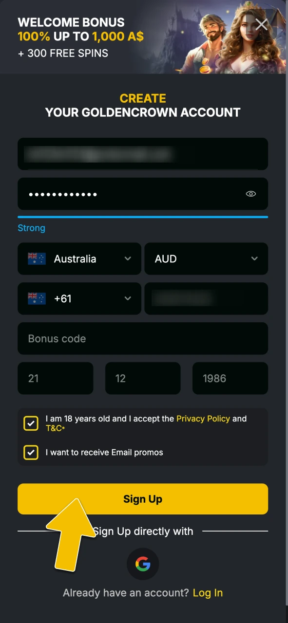 Complete the registration form selecting AUD currency for Raging Lion at Golden Crown Casino.