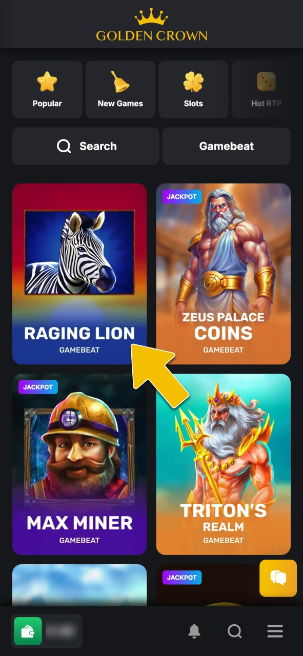 Navigate to the casino section to find Raging Lion slot at Golden Crown Casino.