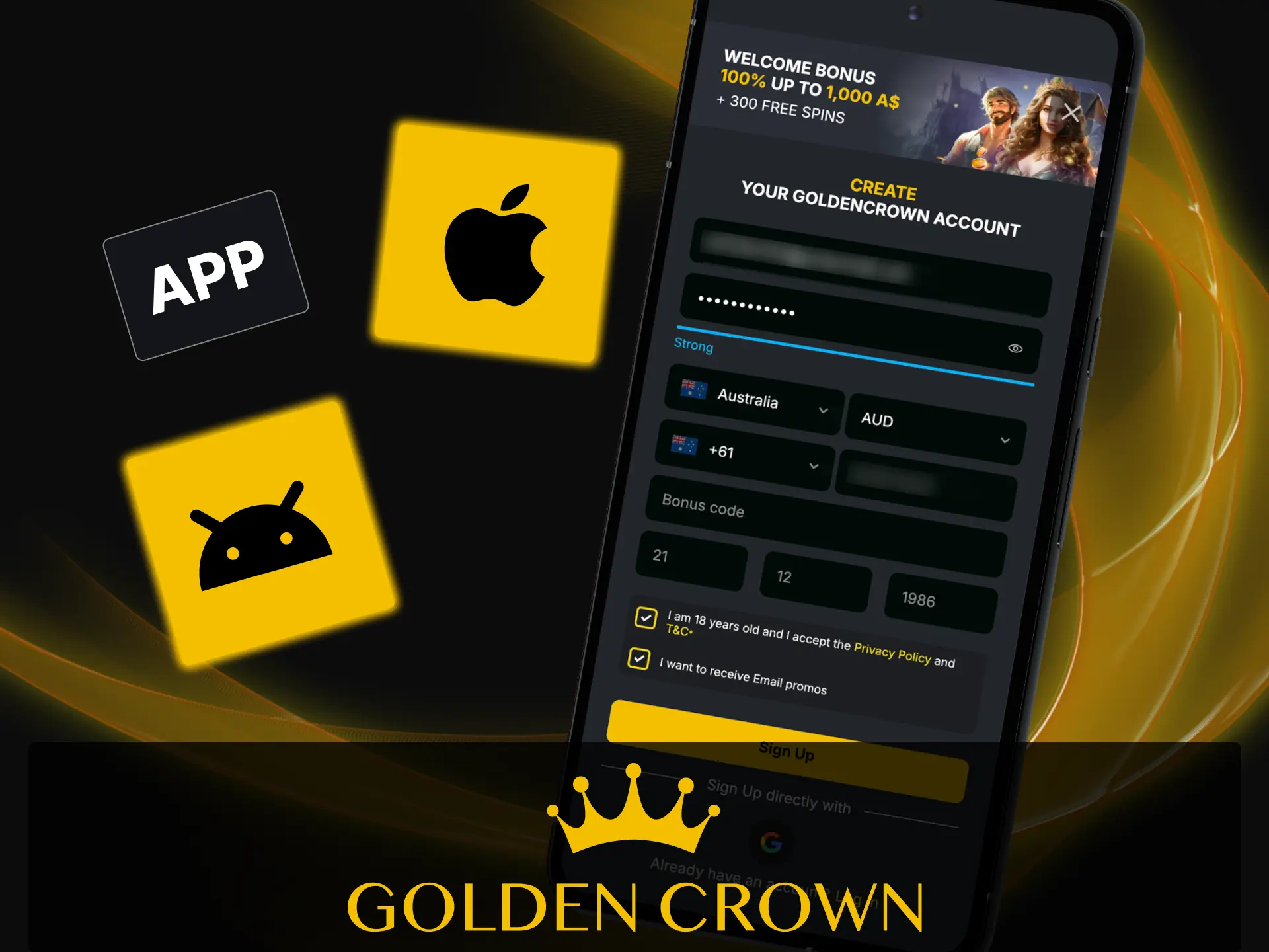 Register a new account directly through the mobile-optimised Golden Crown app interface.