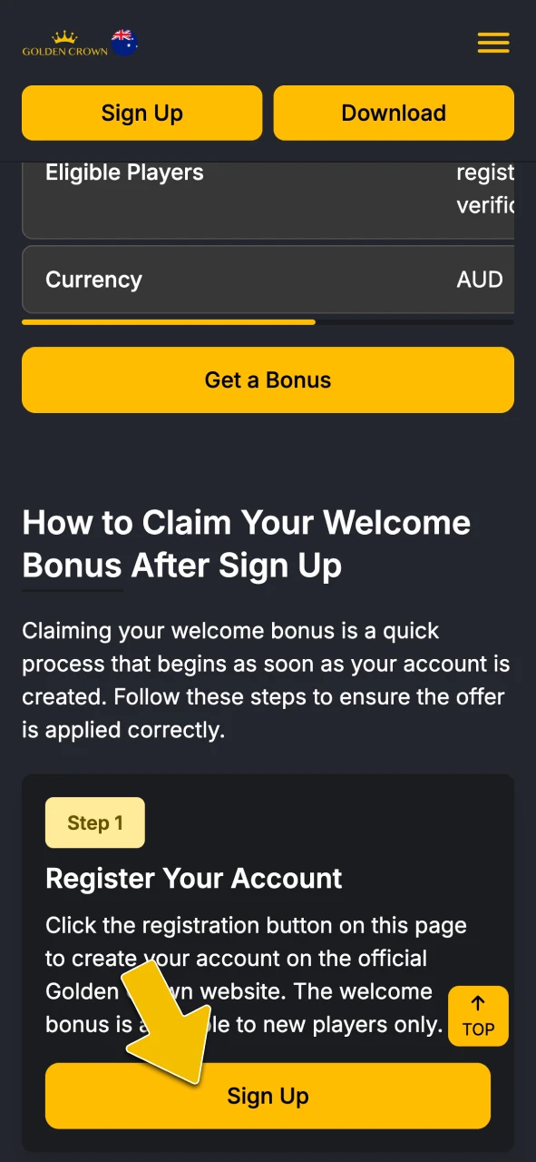 Click the registration button on this page to create your account on the official Golden Crown website.
