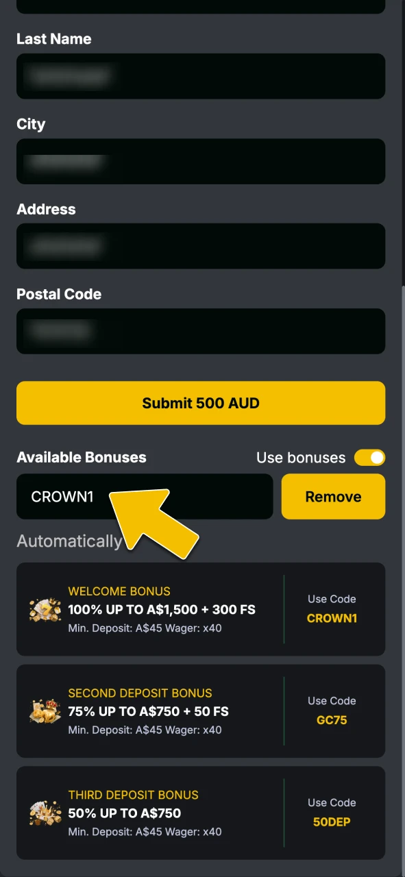 Enter the bonus code or select the welcome offer before confirming your Golden Crown deposit.