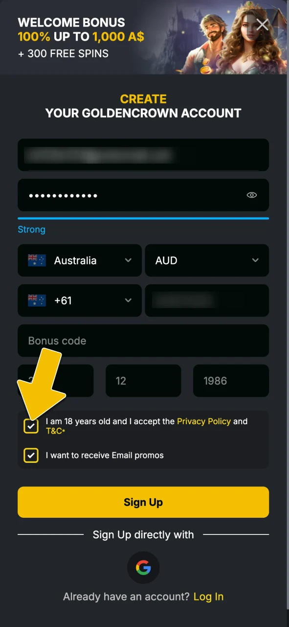 Confirm you are 18 or older and accept the terms and conditions at Golden Crown Casino.