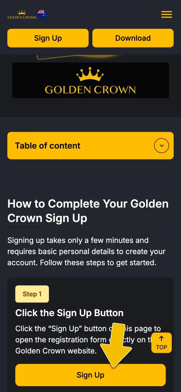 Click the Sign Up button to open the registration form on the Golden Crown website.