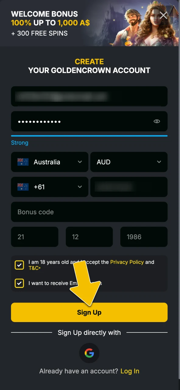 Submit the registration form and check your inbox to activate your Golden Crown Casino account.