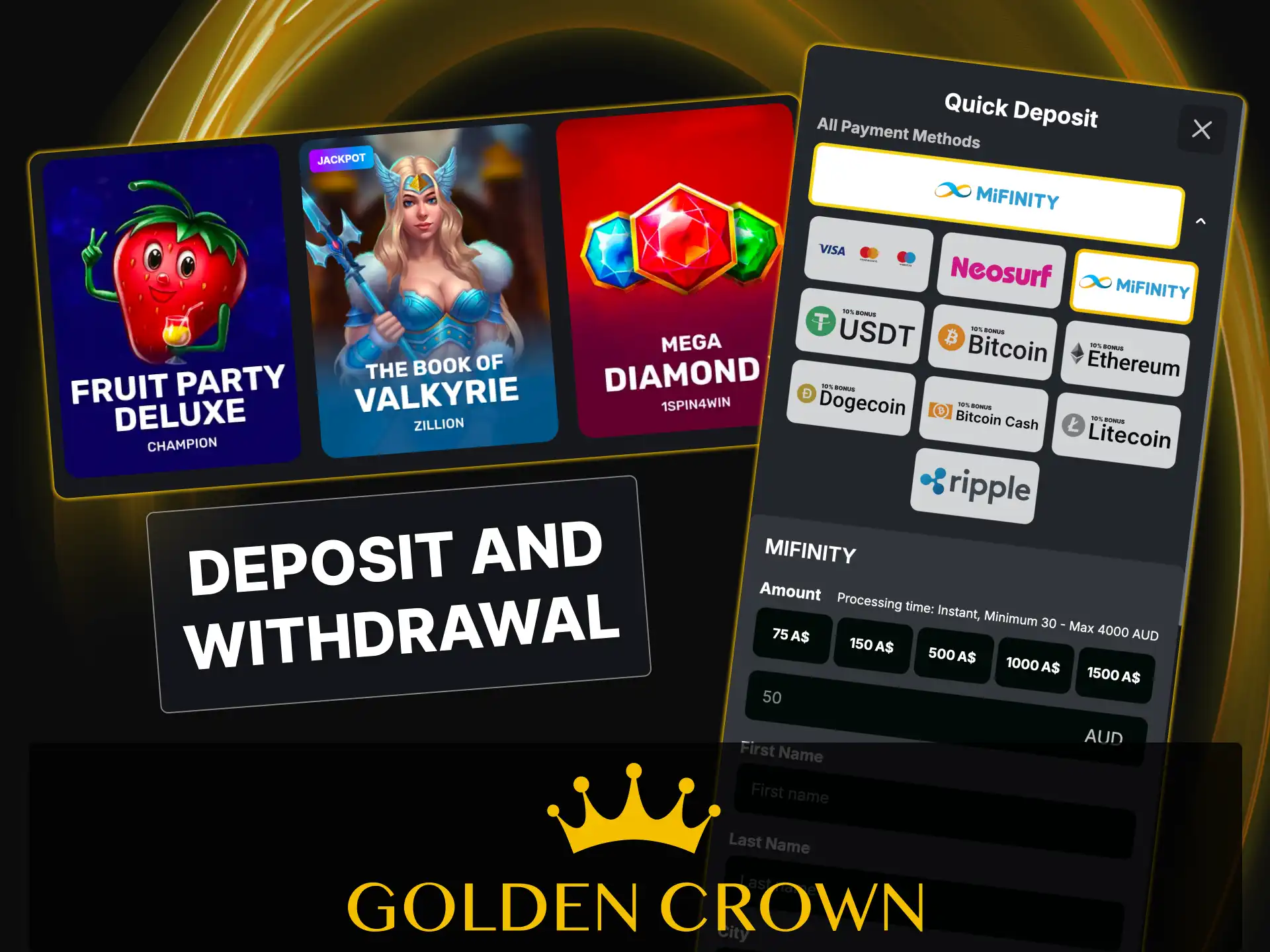 Deposit and withdraw funds using flexible payment methods at Golden Crown Casino.
