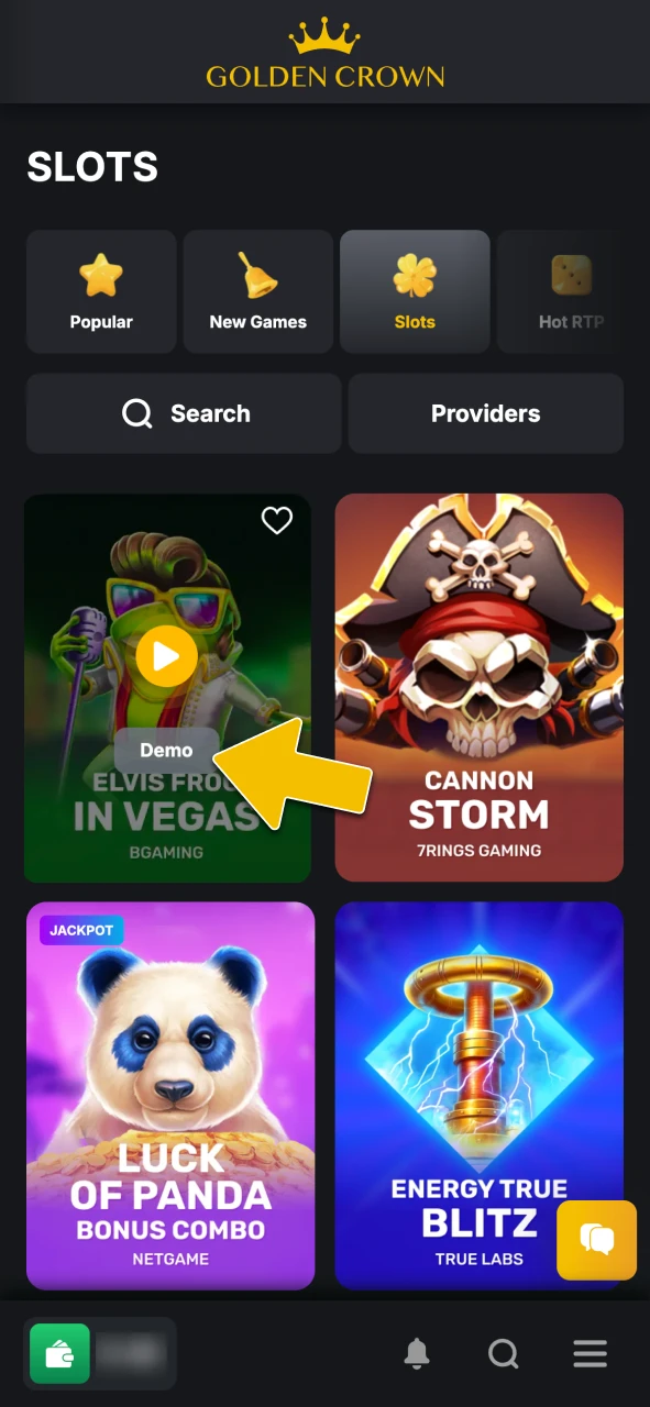 Select free demo mode or real money mode on online slots at Golden Crown Casino.