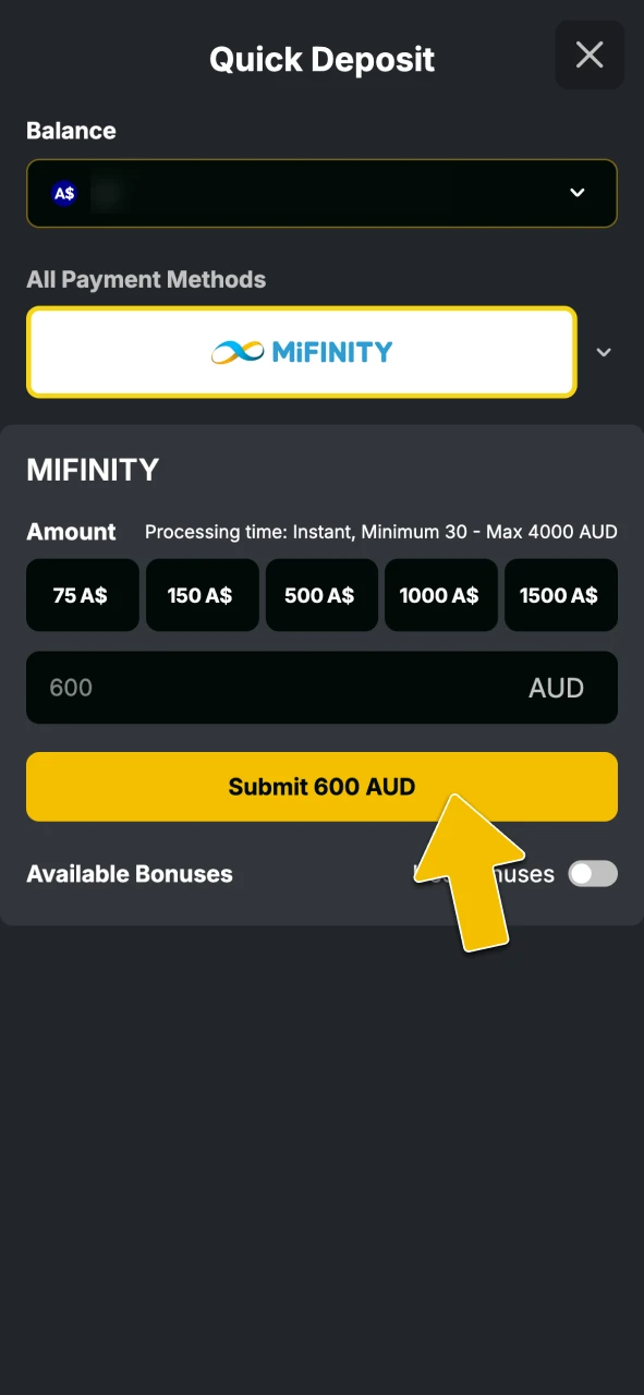 Select payment methods in the Golden Crown Casino cashier to make an instant deposit.