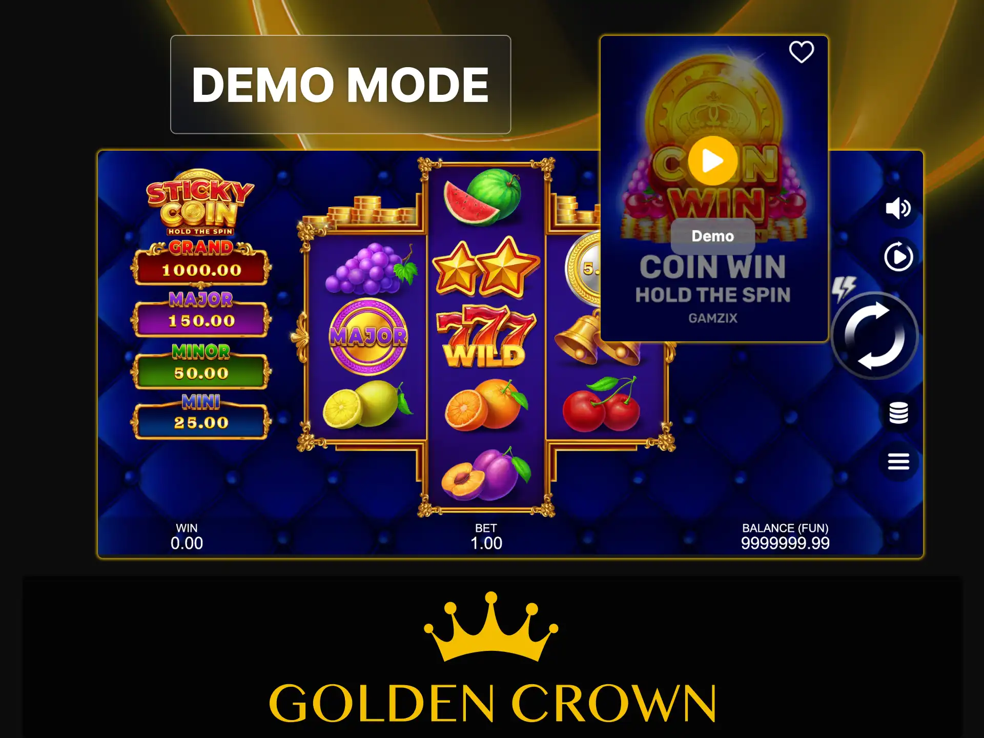 Play Sticky Coin Hold the Spin in free demo mode using virtual credits at Golden Crown Casino.