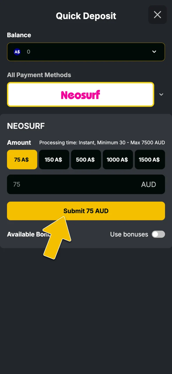 Navigate to the cashier section to select a payment method and fund your balance at Golden Crown Casino.