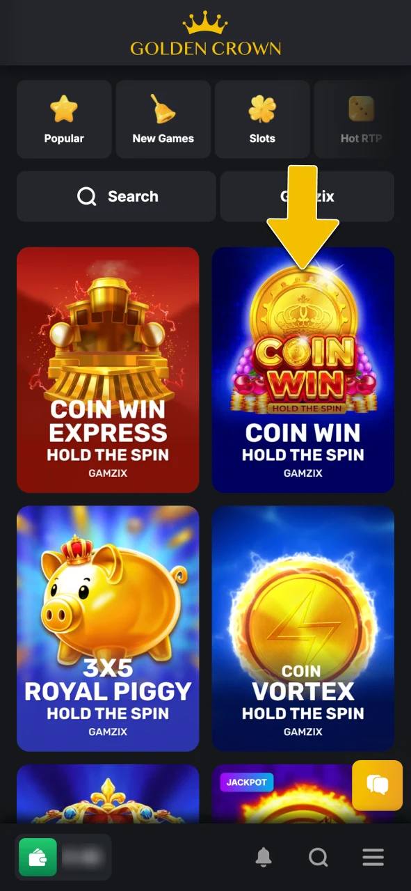 Navigate to the games lobby and launch Sticky Coin Hold the Spin at Golden Crown Casino.