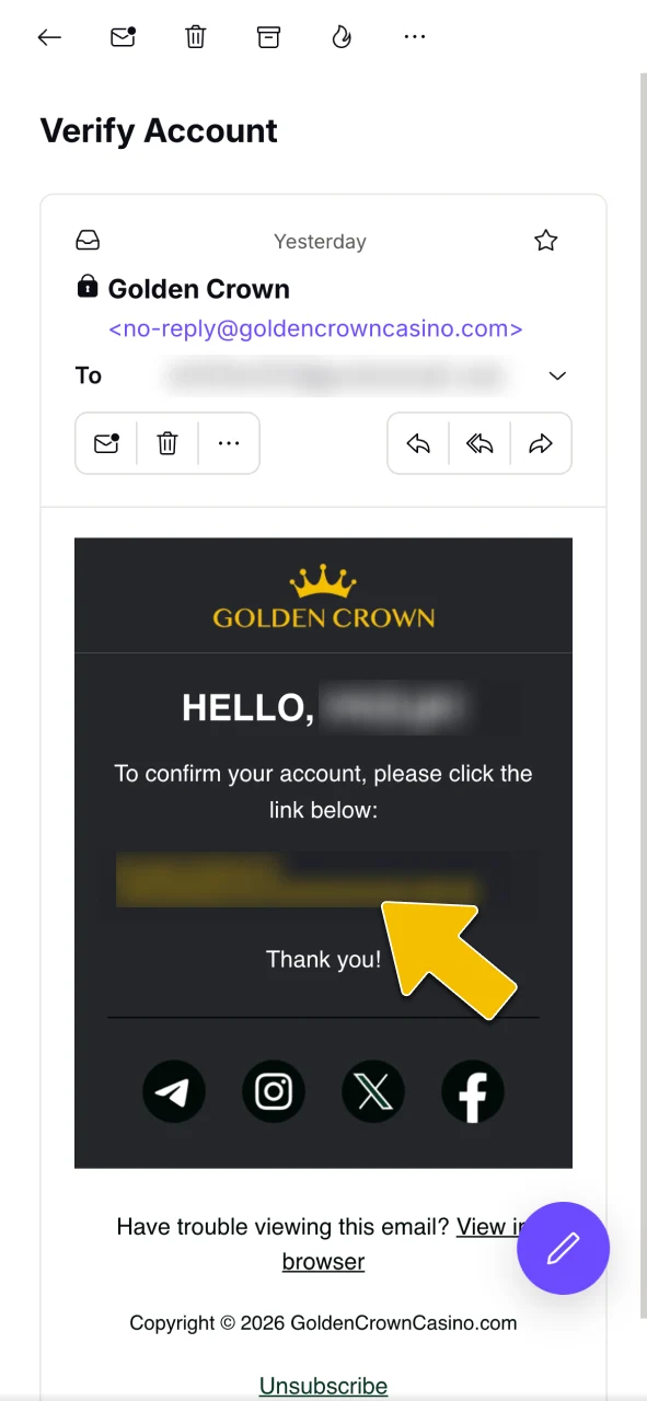 Confirm your identity and verify your email to fully activate your account at Golden Crown Casino.
