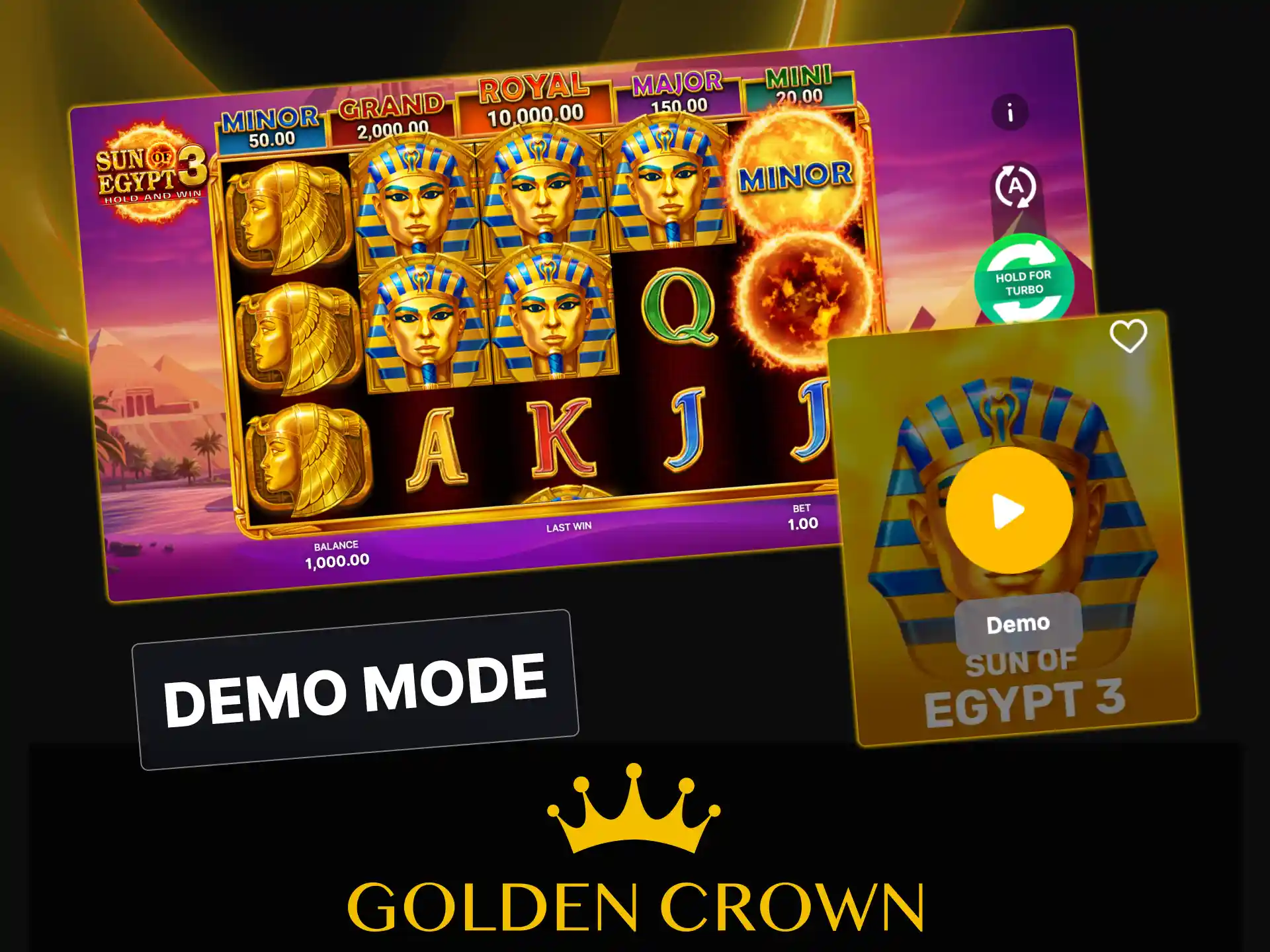 Play Sun of Egypt 3 slot in free demo mode using virtual credits at Golden Crown Casino.