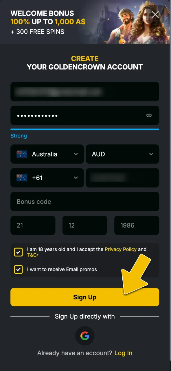 Complete the registration form to create an account for Sun of Egypt 3 at Golden Crown Casino.