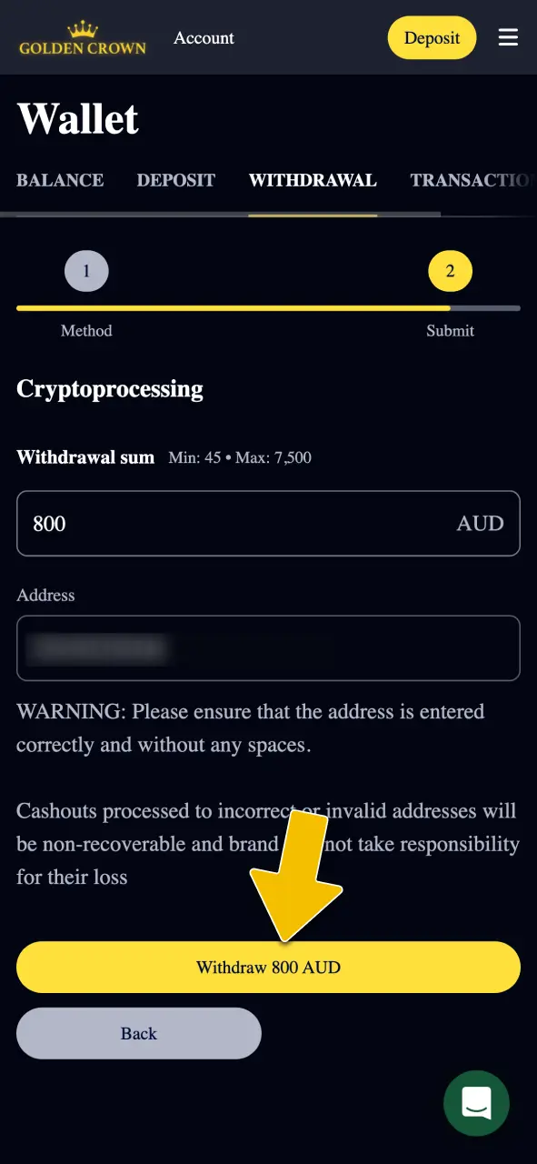 Confirm your withdrawal request after reviewing the transaction summary at Golden Crown Casino.