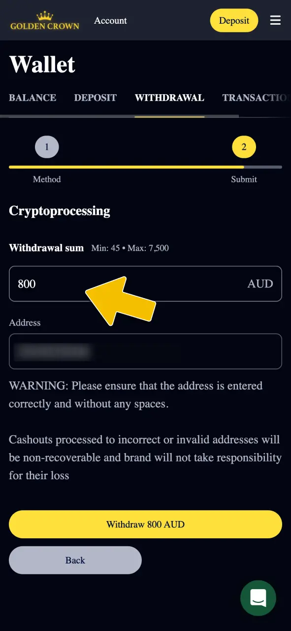 Enter the withdrawal amount within the limits at Golden Crown Casino.
