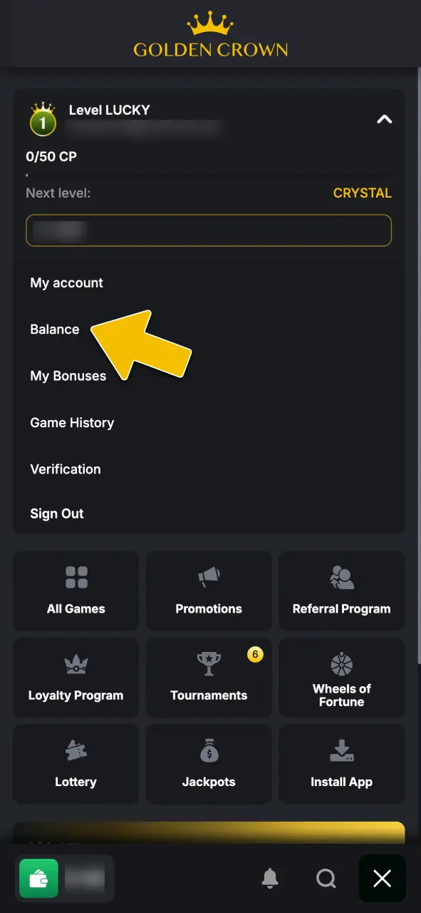 Access the withdrawal menu within the Golden Crown Casino cashier section.
