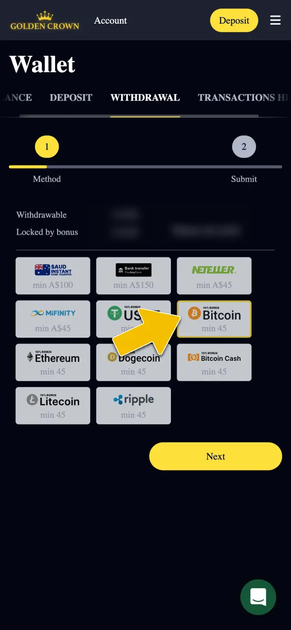 Select your preferred withdrawal method in the Golden Crown Casino cashier.