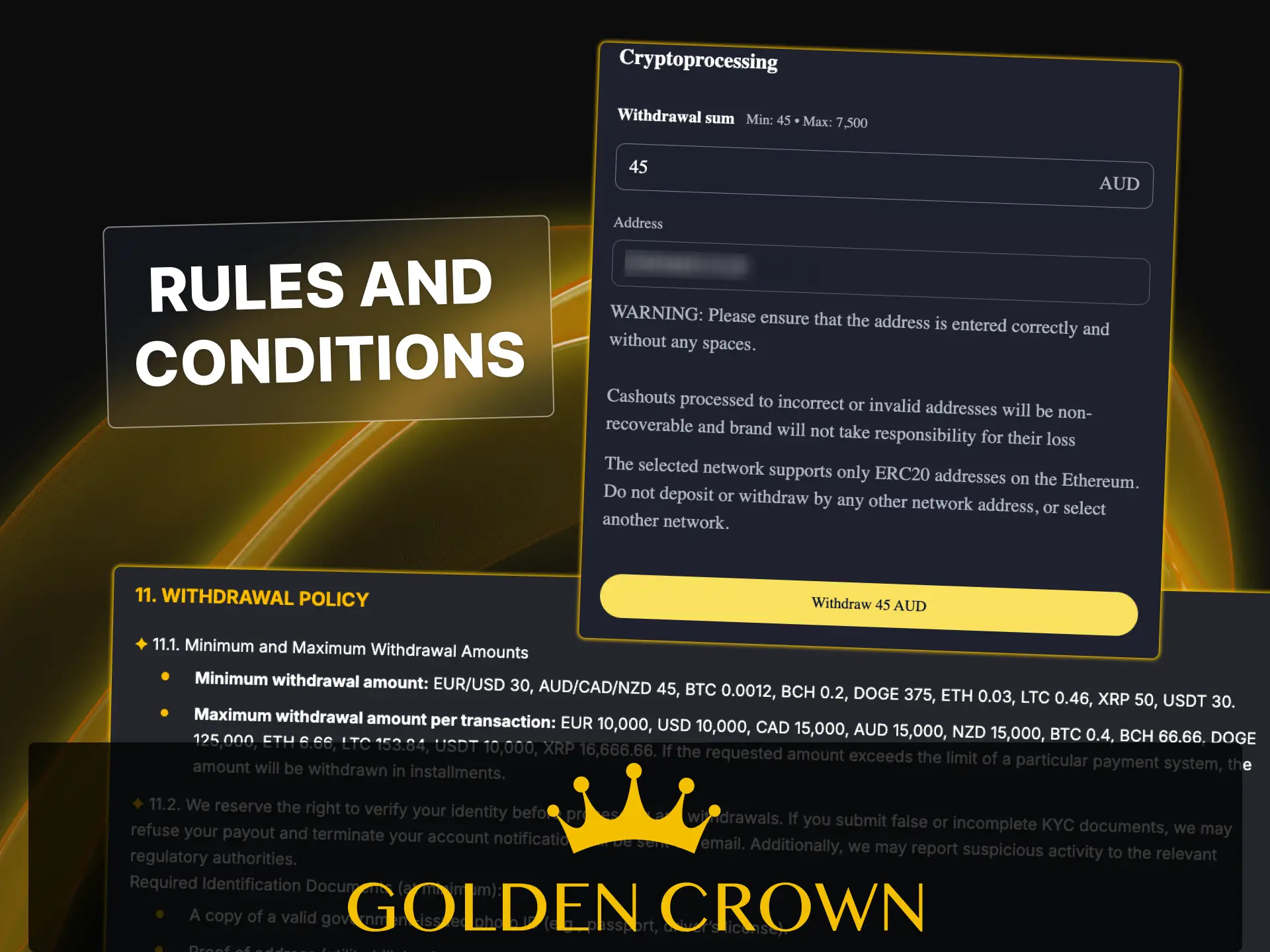 Read Golden Crown Casino withdrawal rules and conditions for Australian players.