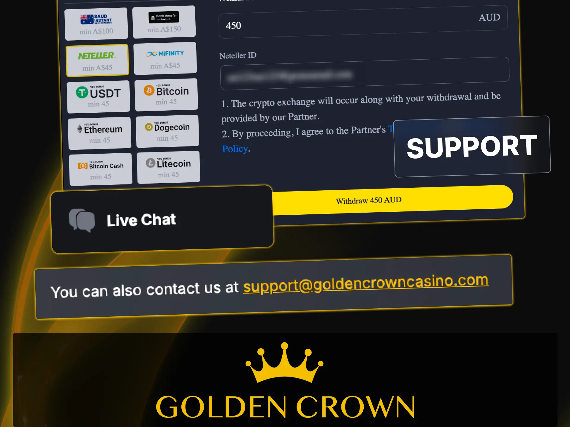 Contact Golden Crown Casino support team via live chat or email for withdrawal assistance.