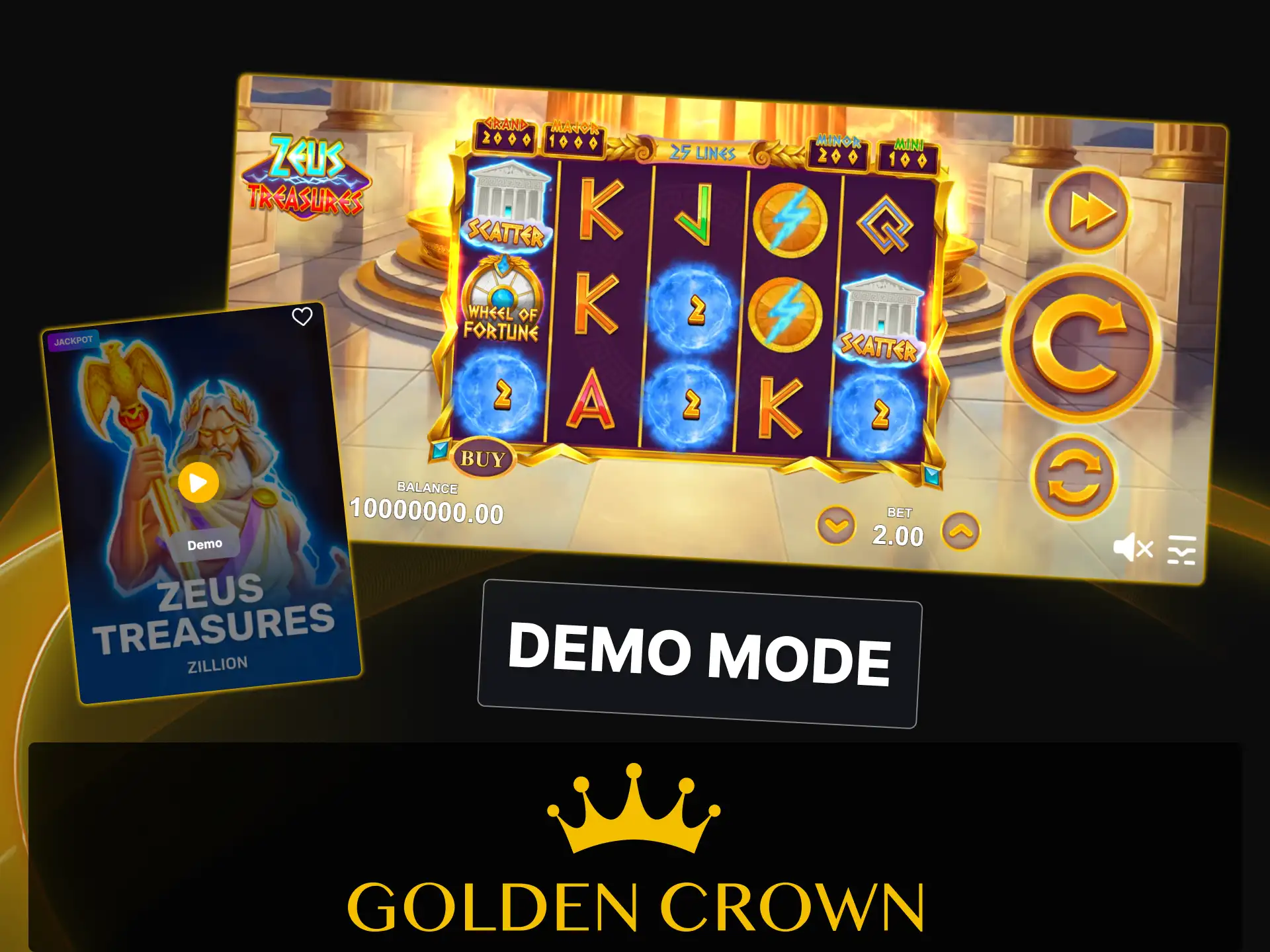 Play Zeus Treasures in free demo mode using virtual credits at Golden Crown Casino.