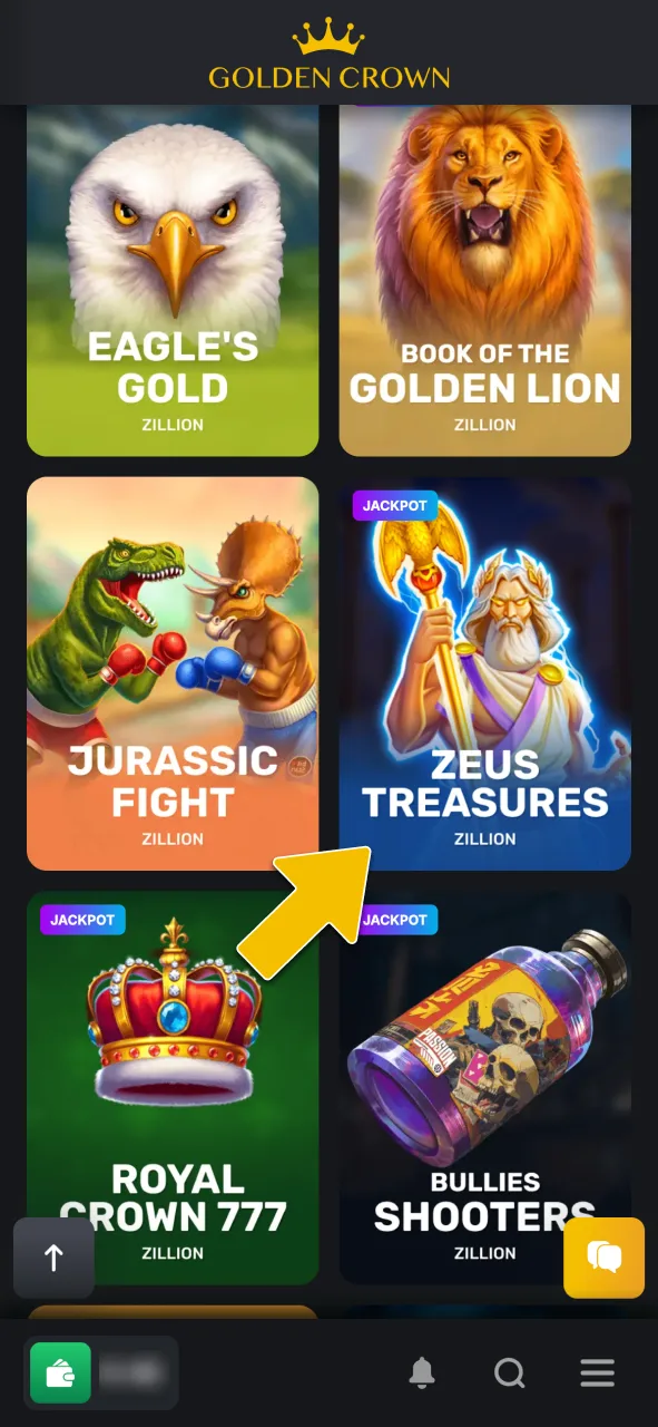 Navigate to the games lobby and launch Zeus Treasures by Zillion Games at Golden Crown Casino.