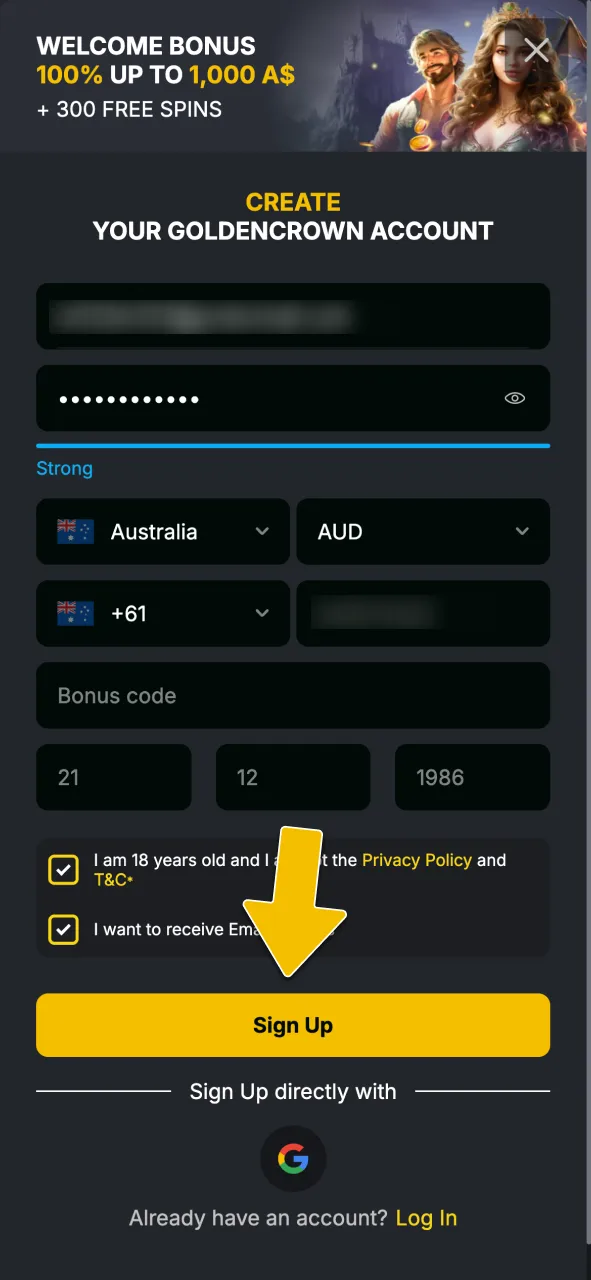 Complete the registration form with your name, email, and birth date to create a profile at Golden Crown Casino.