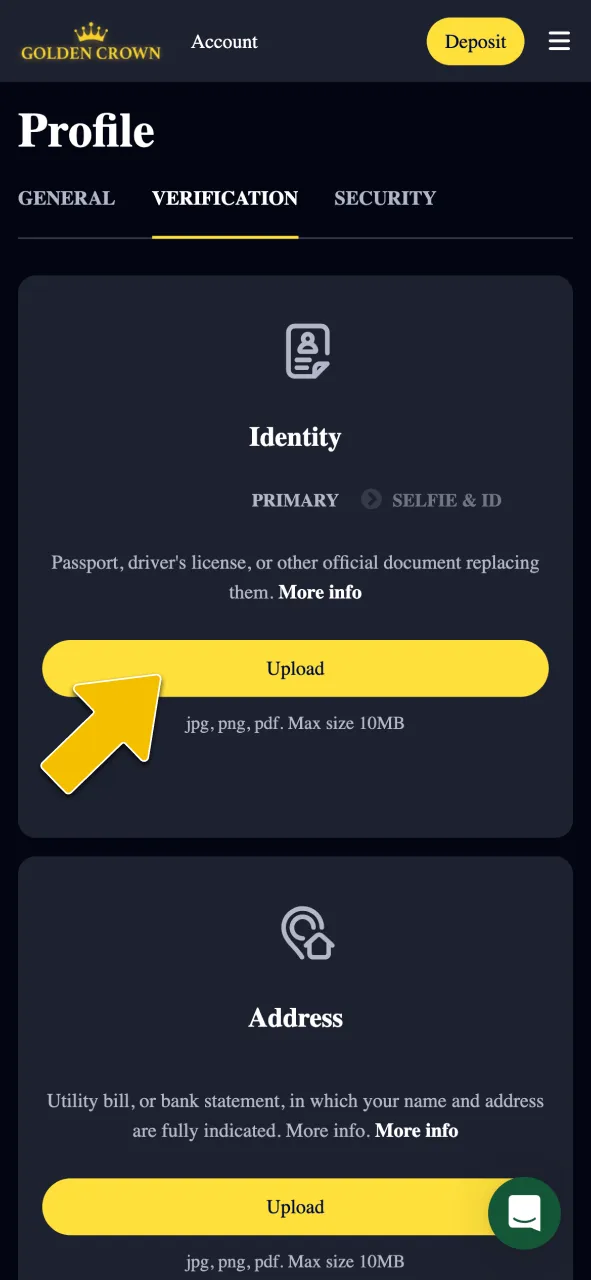 Submit required KYC identification files to fully activate your account at Golden Crown Casino Australia.
