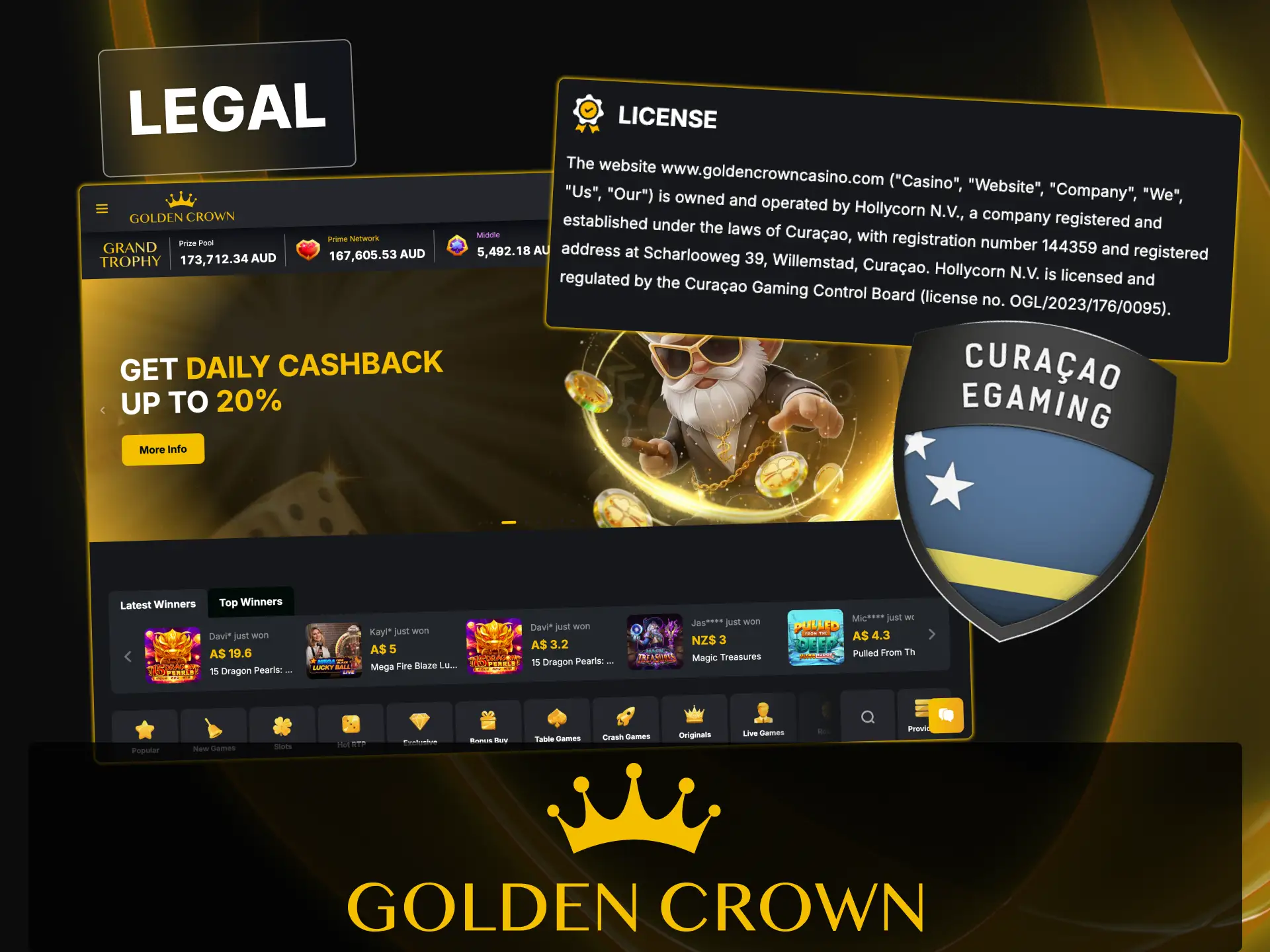 Verify legal compliance and platform licensing details under a Curacao eGaming authority for Golden Crown Casino.