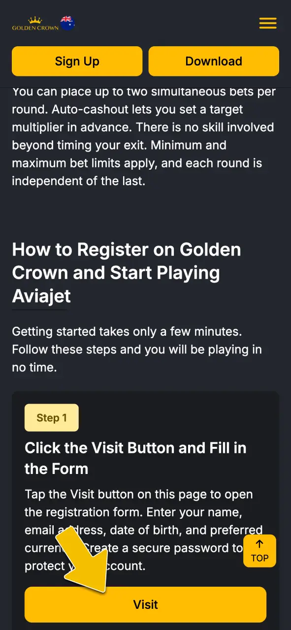 Tap the visit button to open the secure sign-up form at Golden Crown Casino.