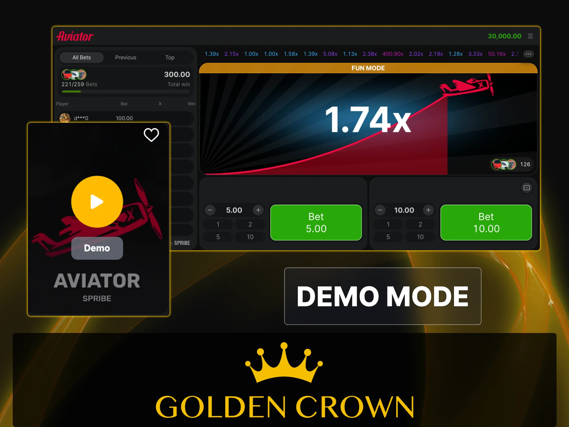 Practice Spribe Aviator cashout strategies without deposit or registration at Golden Crown Casino.