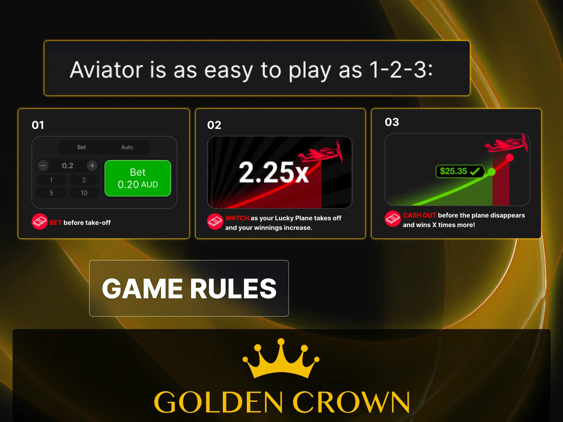 Learn how to play Aviator crash game by Spribe at Golden Crown Casino.