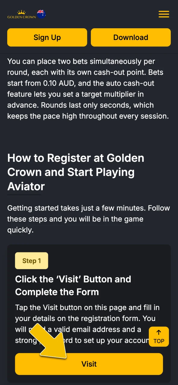 Click the visit button to access the official sign-up form for Aviator at Golden Crown Casino.