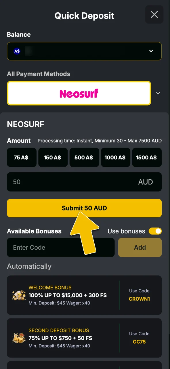Choose your preferred payment method and fund your account to play Aviator at Golden Crown Casino Australia.