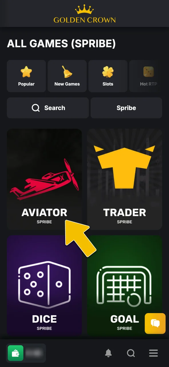 Search for Aviator by Spribe in the lobby and launch the game at Golden Crown Casino.