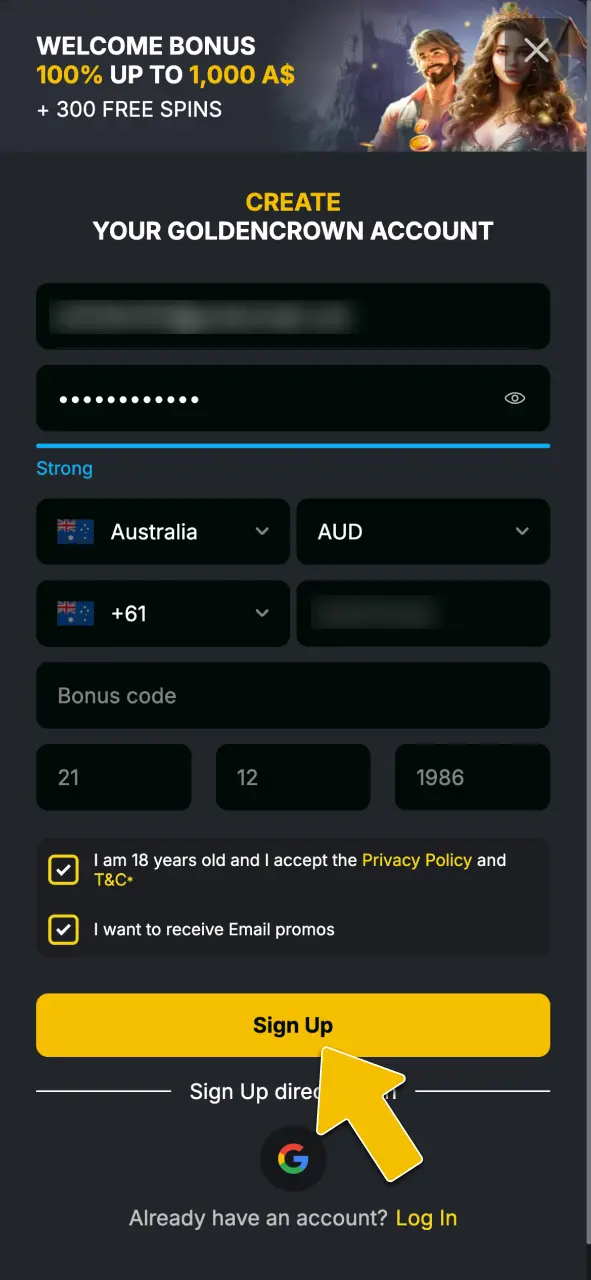Click the visit button to access and fill in the Golden Crown Casino registration form.