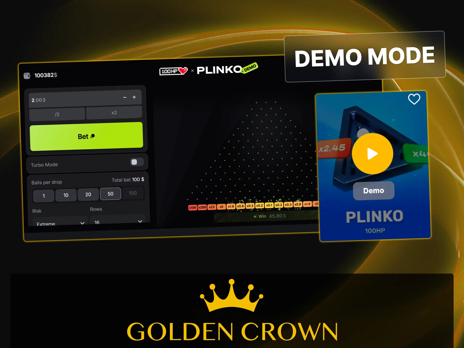Try Plinko by 100HP Gaming in free demo mode using virtual credits at Golden Crown Casino.