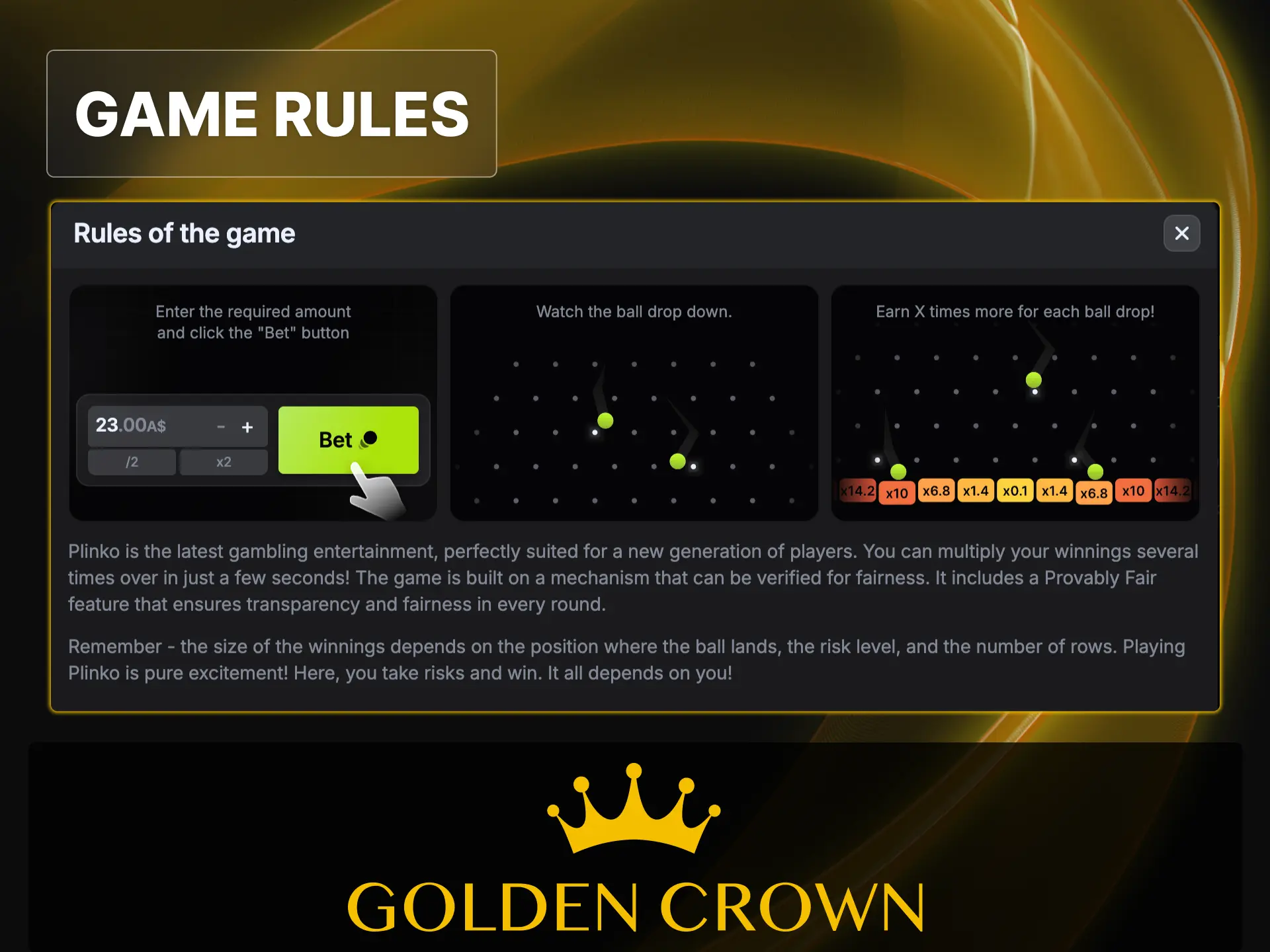 Learn how to play Plinko by 100HP Gaming with simple drop mechanics and peg pyramid physics at Golden Crown Casino.